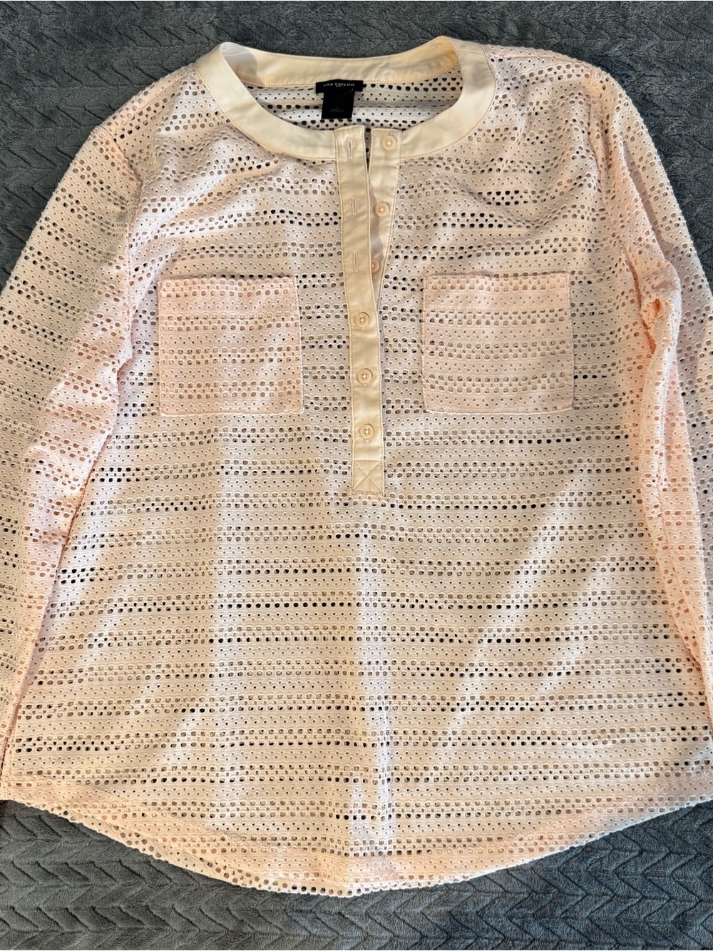Ann Taylor Light Pink Eyelet Henley Top with Patch Pockets